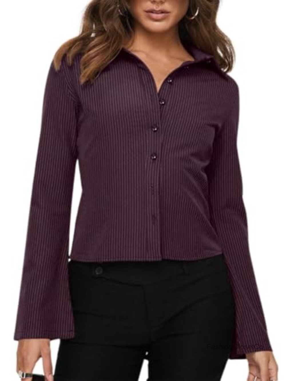 Women's Striped Long Sleeve Button Down Shirt with V-Neck and Bell Sleeves -